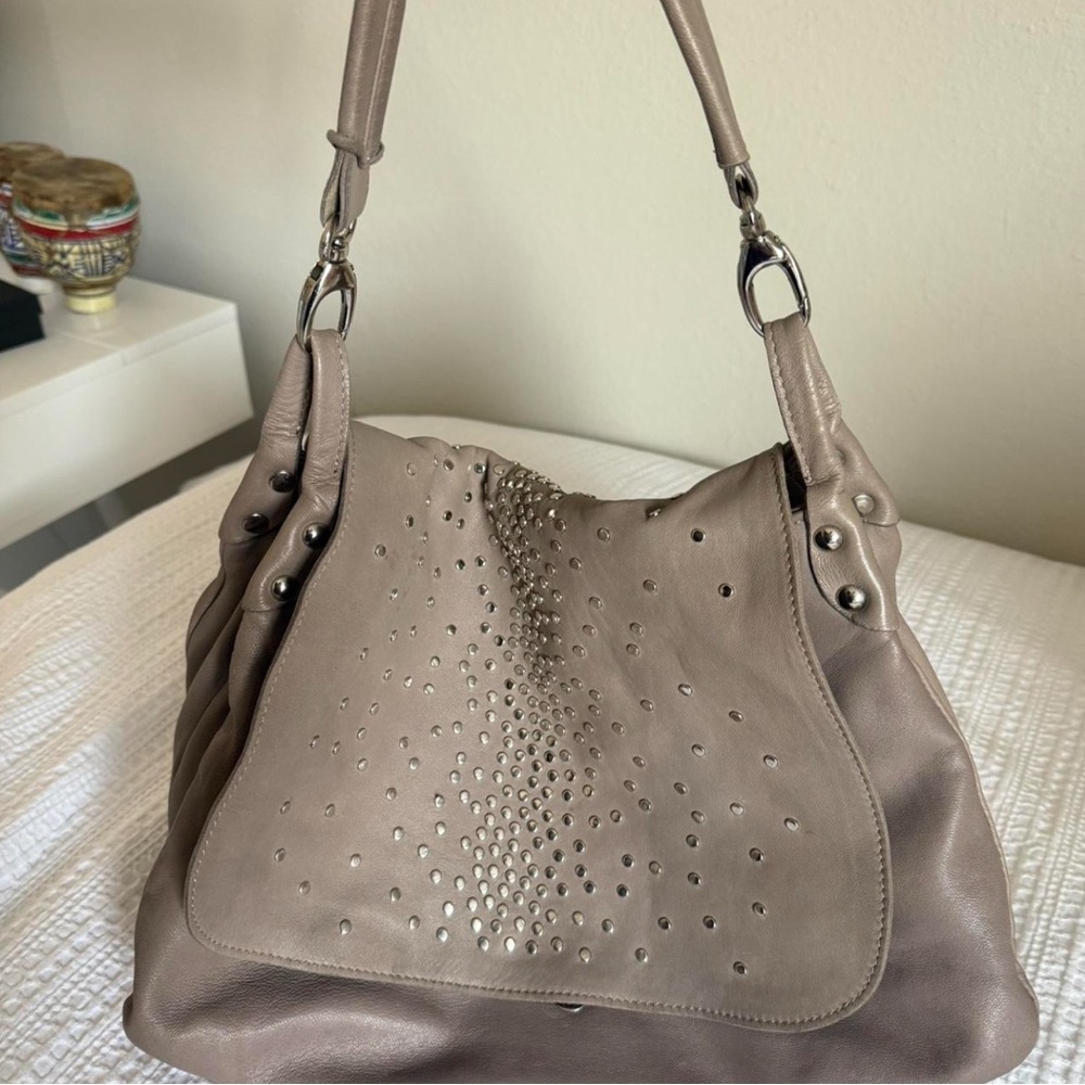 Tan Shoulder Bag with Perforated Design and Braided Strap